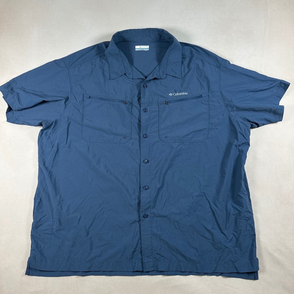 Columbia Mens XXL 2XL Blue Nylon Short Sleeve Button Up Shirt Zip Pocket